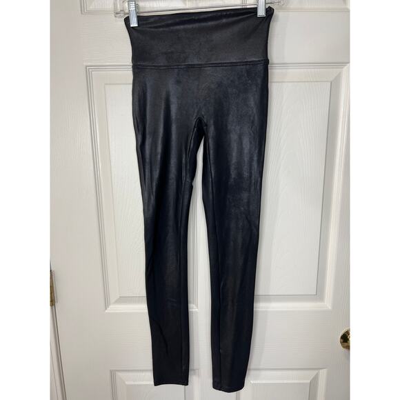 Spanx High Waist Black Leggings Metallic Women's Small Faux Vegan Leather - Picture 2 of 10